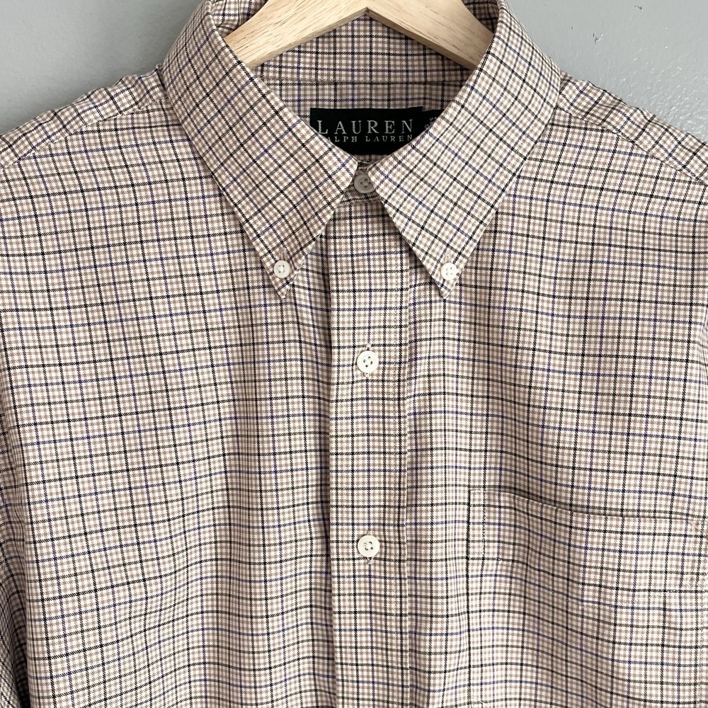Lauren Ralph Lauren Non Iron Classic Button Down Shirt Plaid Tan Purple 16 34/35